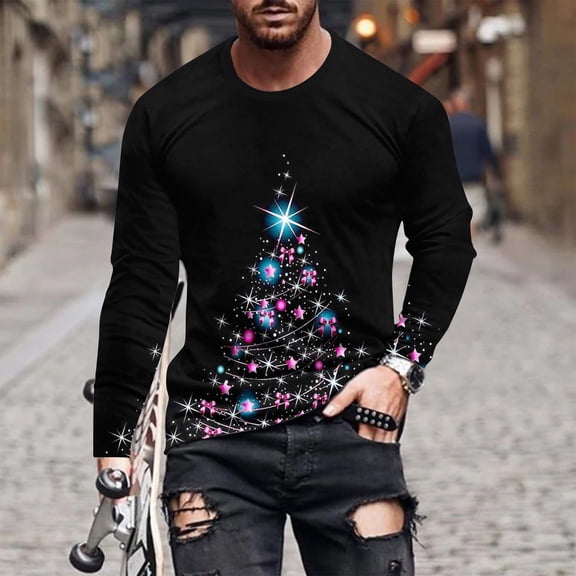 Fnnxeal Mens T-Shirts, Fall Winter Long Sleeve Print Loose Shirt for Men Black