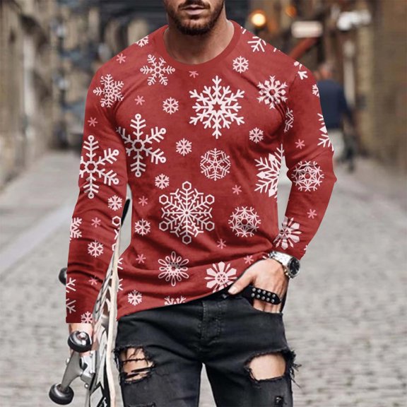 Fnnxeal Mens T-Shirts, Fall Winter Long Sleeve Print Loose Shirt for Men Red