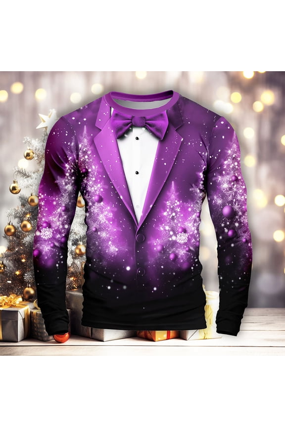 Mens T-Shirts, Long Sleeve Print Fall Winter Loose Shirt for Men Purple