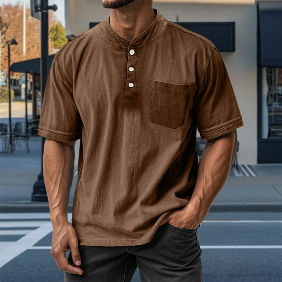 Fnnxeal Mens T-Shirts, Relaxed Fit Solid Short Sleeves Tees with Pocket Big and Tall Shirt Summer Casual Brown Shirt for Men Size L
