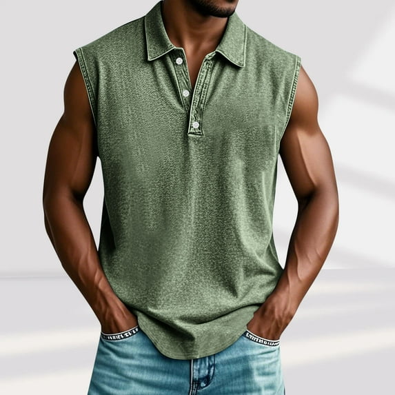 Fnnxeal Mens Tank Tops, Casual Tank Tops for Men Collared Summer Shirts with Stretch Sleeveless Army Green Tops Size L