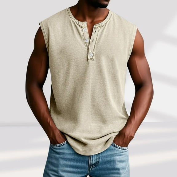Fnnxeal Mens Tank Tops, Casual Tank Tops for Men Summer Shirts with Stretch Sleeveless Crew Neck Beige Tops Size 2XL