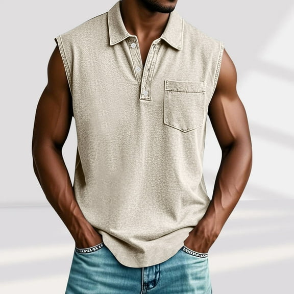 Fnnxeal Mens Tank Tops, Collared Sleeveless Casual Tank Tops for Men Summer Shirts with Pocket Khaki Tops Size L