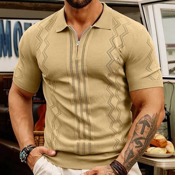 Fnnxeal Mens Textured Knit Half Zip Polo Shirt - Slim Fit Short Sleeve Smart Casual Golf Top - Breathable Geometric Pattern Acrylic - Khaki Sizes M to XXXL,Size XL