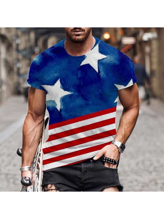Mens Thin Red Line Blue Patriotic American Flag T-Shirt Distressed Firefighter Support Top Performance Moisture Wicking Big and Tall,Size 3XL