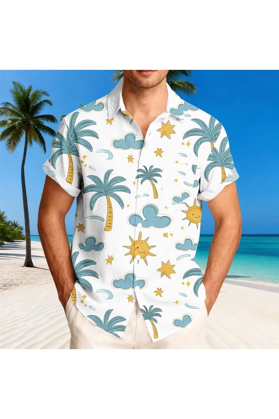 Mens Tropical Hawaiian Shirt Short Sleeve Button Down, Palm Tree & Sun Print Summer Beach Shirt, Yellow,Size 3XL