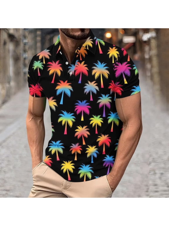 Mens Tropical Print Polo Shirt Short Sleeve, Rainbow Palm Tree Graphic Slim Fit Button Down Casual Shirt, Lightweight Quick Dry Polyester,Size L
