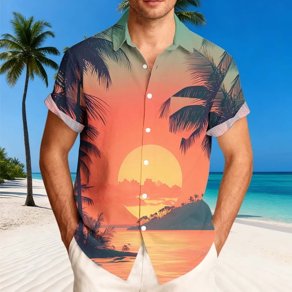 Fnnxeal Mens Tropical Sunset Hawaiian Shirt Button Down Short Sleeve, Orange Hawaiian Print Beach Vacation Shirt,Size 4XL
