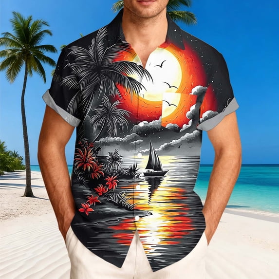Fnnxeal Mens Tropical Sunset Hawaiian Shirt, Short Sleeve Button Down Beach Shirt with Palm Tree Print, Lightweight & Breathable for Vacation,Size 2XL