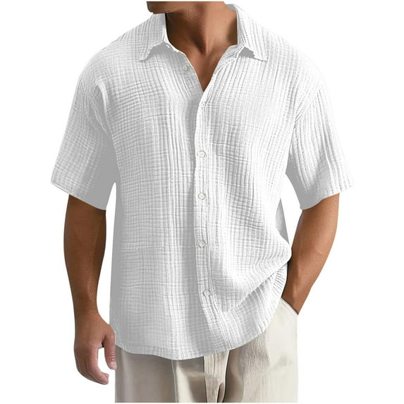 Fnnxeal Mens White Short Sleeve Button Down Shirt Casual Oversized Fit Crinkle Gauze Breathable Vacation Summer Top,Size L