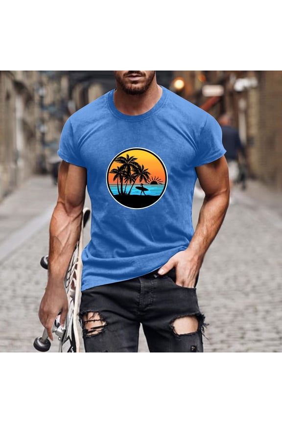 Mens Yellow Graphic Tee Vintage T Shirts for Men Sunset Surf Beach Palm Tree Summer Casual Top Soft Cotton Crewneck,Size 2XL