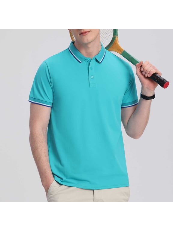 Performance Mens Polo Shirt Short Sleeve Slim Fit Moisture Wicking Quick Dry Breathable 100% Polyester Wrinkle Resistant Contrast Piping Sky Blue S-4XL,Size S