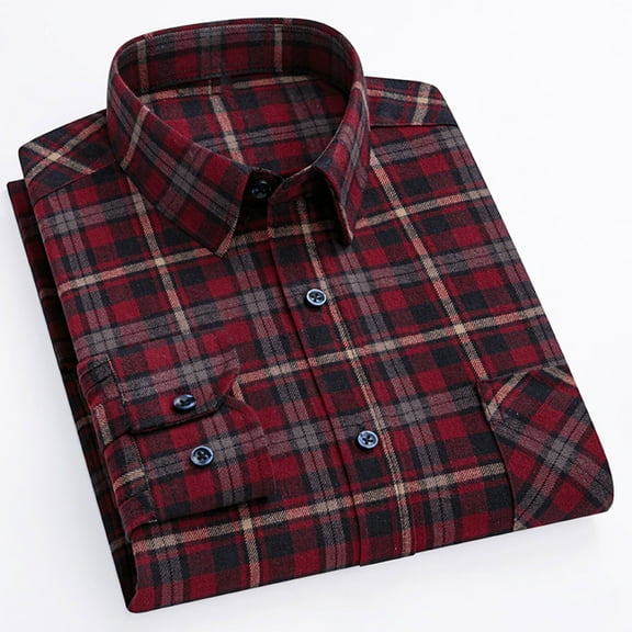 Fnnxeal Wine Plaid Shirt for Men - Long Sleeve Poly Cotton, Classic Button Down, Casual Everyday & Layering, Comfortable Fit, Size S