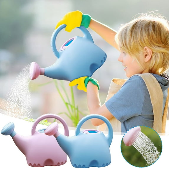 Fnochy 0.4 Gallon Plastic Watering Can For Kids, Small Lightweight Cute Indoor Outdoor Garden Plants, Watering Can with Shower Head Elephant: Blue Body Pink Head