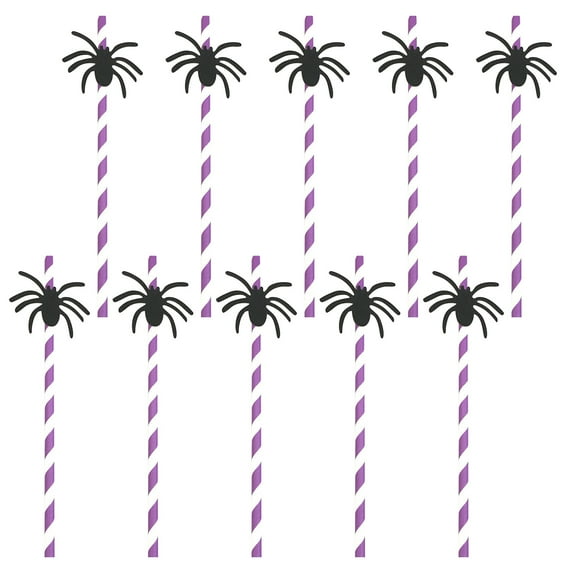 Fnochy 10 Counts Halloween Paper Straws, Black White Orange Purple Biodegradable Party Drinking Straws with Stripe, Wave, Bats, Spider Design