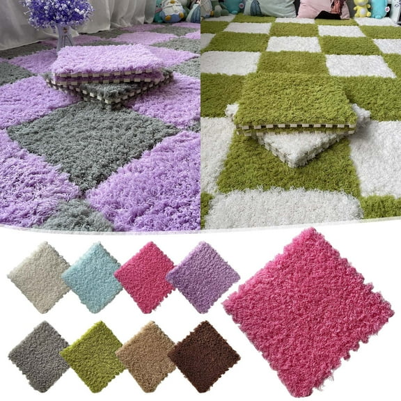 Fnochy 12x12 Inch Carpet Shaggy Soft Foam Mats Fluffy, Rugs Protective Floor Tiles Exercise Play Mats, for Children Kids Room Home Parlor Bedroom