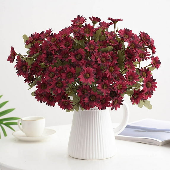 Fnochy 2 PCS Artificial Daisy Mums Flowers, Outdoor UV Resistant Fake Silk Flowers No Fade, for Outside Home DIY Garden Porch Window Box Decor (Red)