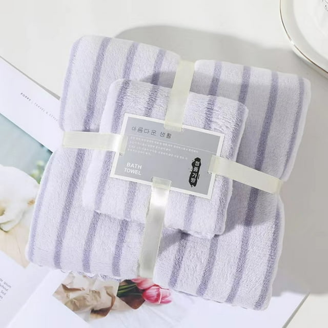 Fnochy 2 Piece Set, 1 Bath Towel, 1 Hand Towel, Quick Dry White/Gray Contrast Stripe