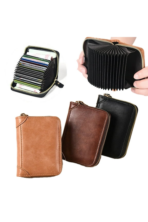 Back to School Mens Genuine Leather Zipper Wallet, Secure Large Capacity Double Fold Multi-card, Leather Wallets for Men and Coin purse