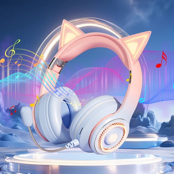 Fnochy Bluetooth Cat Ear Headphones for Kids, Wireless & Wired Mode Foldable Headset with Mic, for Girls School Gaming, Compatible with Mobile Phones PC Tablet - Light Blue