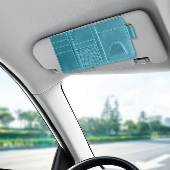 Fnochy Car Visor Organizer Multi-Pocket Storage Bag for Documents, Sunglasses, Phone, Keys - Durable Leather with 9 Pockets & Glasses Clip, Easy Install Car Accessories