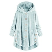 Kiplyki Women Plus Size Button Plush Tops Hooded Loose Cardigan Wool Coat Winter Jacket