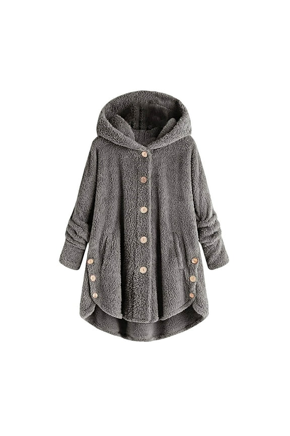 Women Plus Size Button Plush Tops Hooded Loose Cardigan Wool Coat Winter Jacket