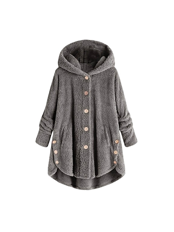 Women Plus Size Button Plush Tops Hooded Loose Cardigan Wool Coat Winter Jacket