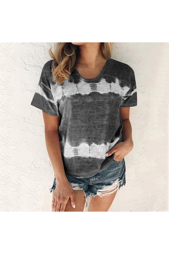 Cyber of Monday Women Shirts Clerance Casual Short Sleeve Fashion Printed Short Sleeve T-shirt Blouse Round Neck Tops