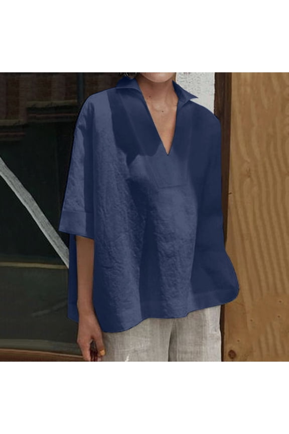 Cyber of Monday Women Shirts Clerance Casual Short Sleeve Short Sleeve V Neck Loose Tops Ladies Cotton Shirts Blouse