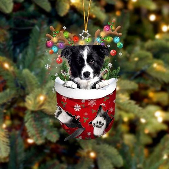 Fnochy Dog Christmas Tree Flat Ornament, Cute Puppy in Holiday Stocking, Festive Tree Decoration, 2024 Dog Christmas Tree Hanging Ornament, Adorable Dog Dressed As A Sock