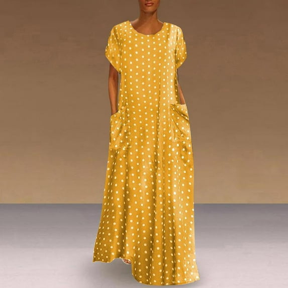 Fnochy Dresses for Women 2023 Plus Maxi Dress Plus Size Loose Short Sleeve Holiday Pockets Polka Dot Print Maxi Dresses