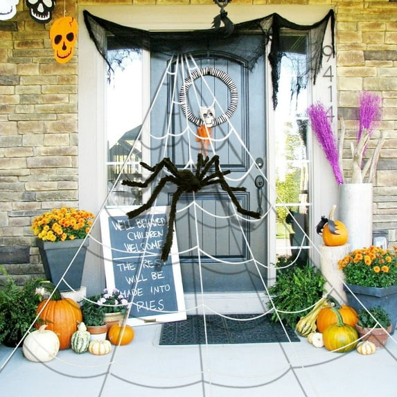 Fnochy Halloween Decorations Outdoor Halloween 275" Spider Web Decor 23.6'' Scary Giant Spider Small Fake Spiders Stretch Cobwebs Spider Webs Halloween Decorations for Outside Yard Garden Lawn Party