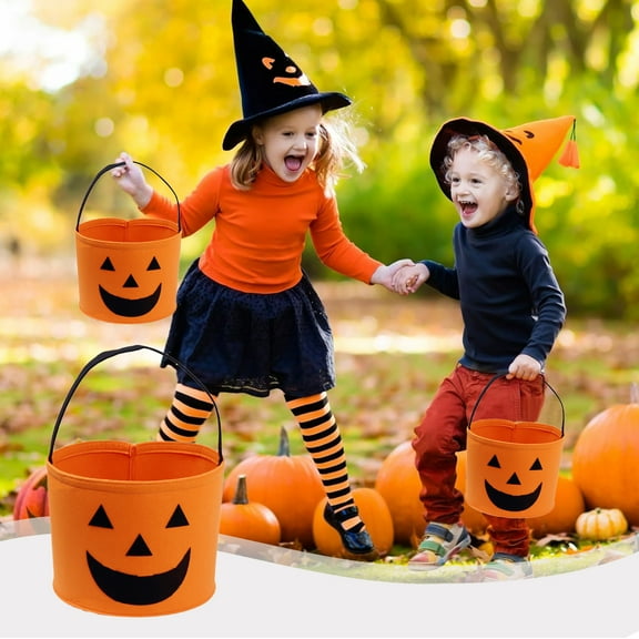 Fnochy Halloween Decorations Storage Bucket - Pumpkin Shaped Handbag for Candy, Non-Woven Fabric Basket with Reinforced Stitching, Orange & Black Halloween Decor (7.8x7.8x7in)