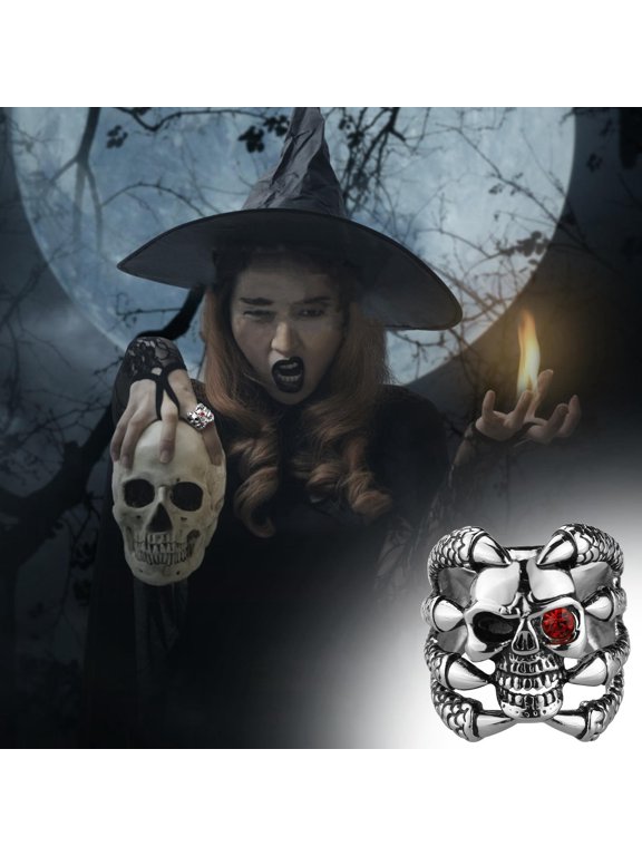 Halloween Decorations Vintage Stainless Steel Ring, Gothic Skull Smoking Bullet Biker Cocktail Party Ring