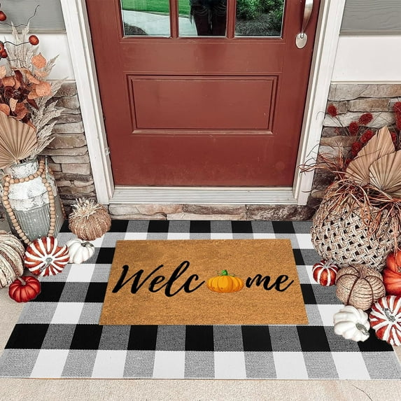 Fnochy Indoor Door Mat, Front Door Mats Machine Washable Small Area Rug Entryway Rug, Cotton Woven Indoor Outdoor Rugs Reversible Floor Mats for Bedroom/Bathroom/Kitchen (Orange&White)