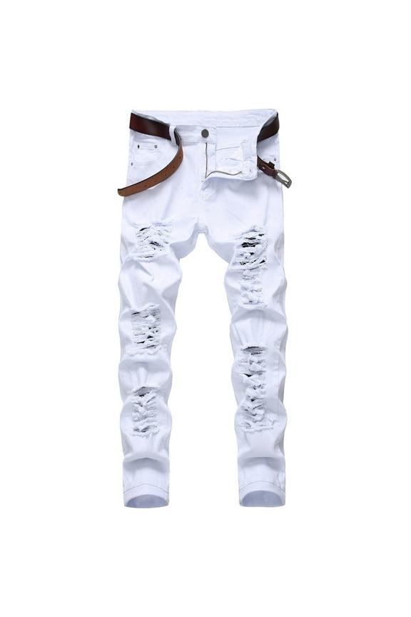 Men's Slim Fit Stretch Jeans Distressed Patchwork Stacked Frayed Straight Leg Skinny Denim Pants