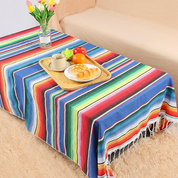 Fnochy Mexican Tablecloth 13.77"x84.64", Mexican Serape Blanket with Tassels for Fiesta Party Cinco De Mayo Decorations, Rectangle Woven Stripe Tablecloth, Outdoor Picnic Blankets Dining Table Cover