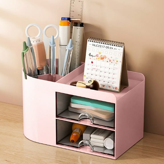 Fnochy Office Desk Organizer with drawer, Office Supplies and Desk Accessories, Business Card/Pen/Pencil/Mobile Phone/Stationery Holder Storage Box (Pink)