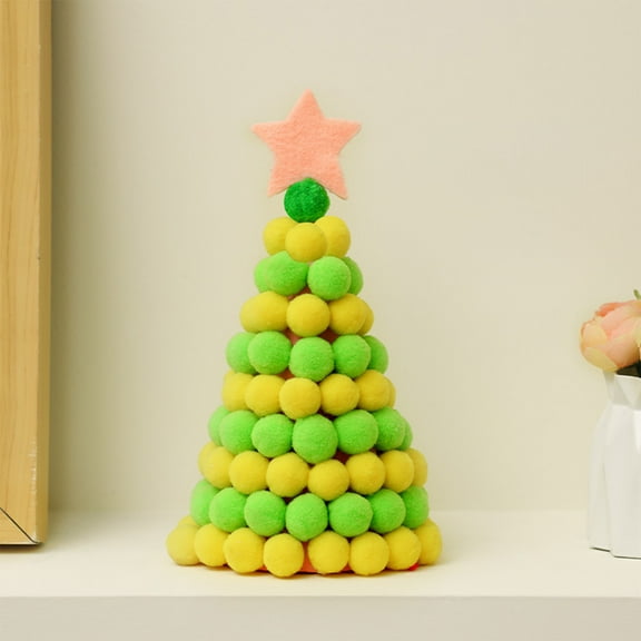 Fnochy Round x 9" H Handmade Wool Felt Pom Pom Tree with Stars, Christmas Tree Multi Color
