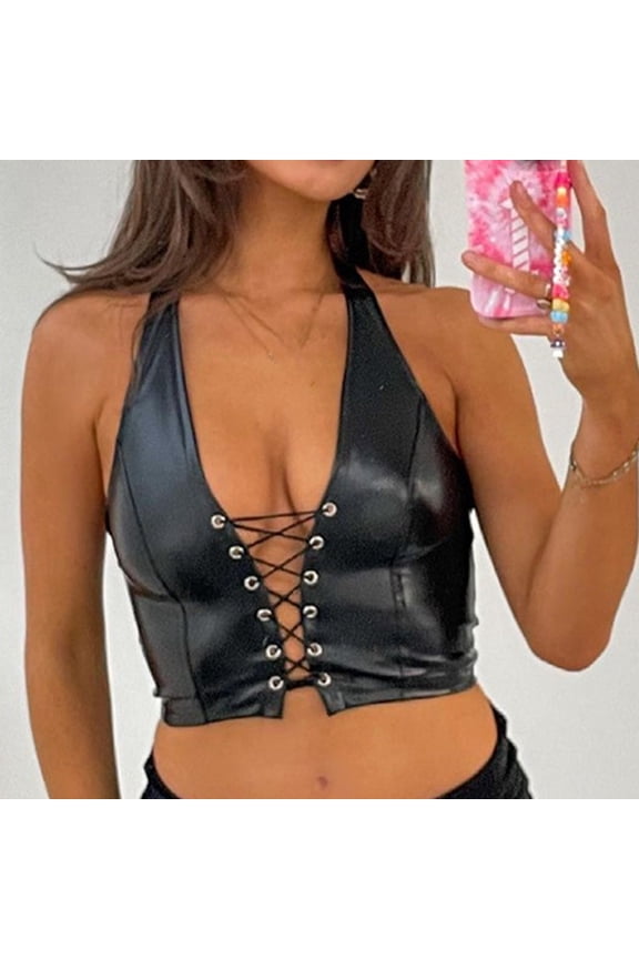 Shiny Metallic Rave Tops for Women Sexy Wet Look Leather Bra Halter Strap Outfit Crop Tops