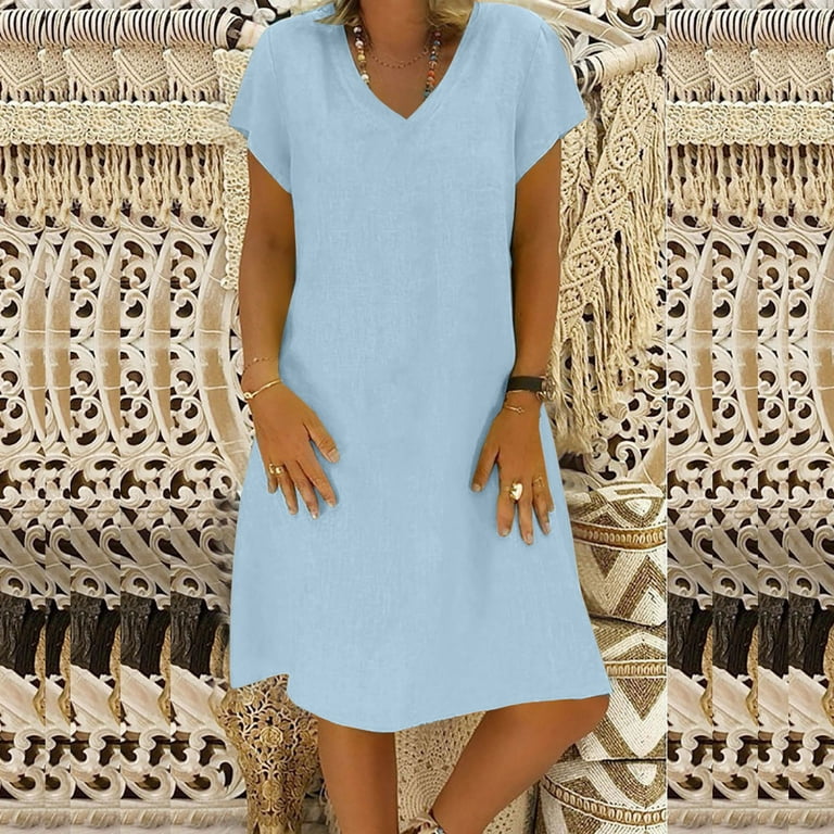 Women s Loose V Neck Short Sleeve Cotton and Linen Dress