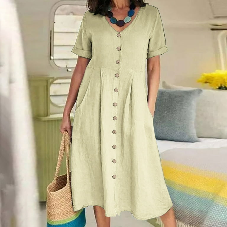 Fnochy Summer Dresses for Women One Piece Solid Color Fashion Summer Casual V Neck Short Sleeve Button Pocket Cotton Linen Dress Walmart