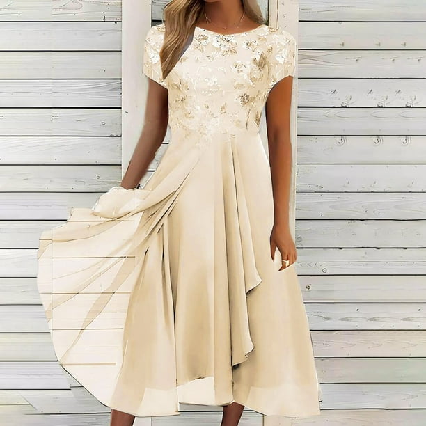 Fnochy Summer Dresses for Women One Piece Solid Color Short Sleeve Round Neck Lace Chiffon Mesh Waist Party Dresses