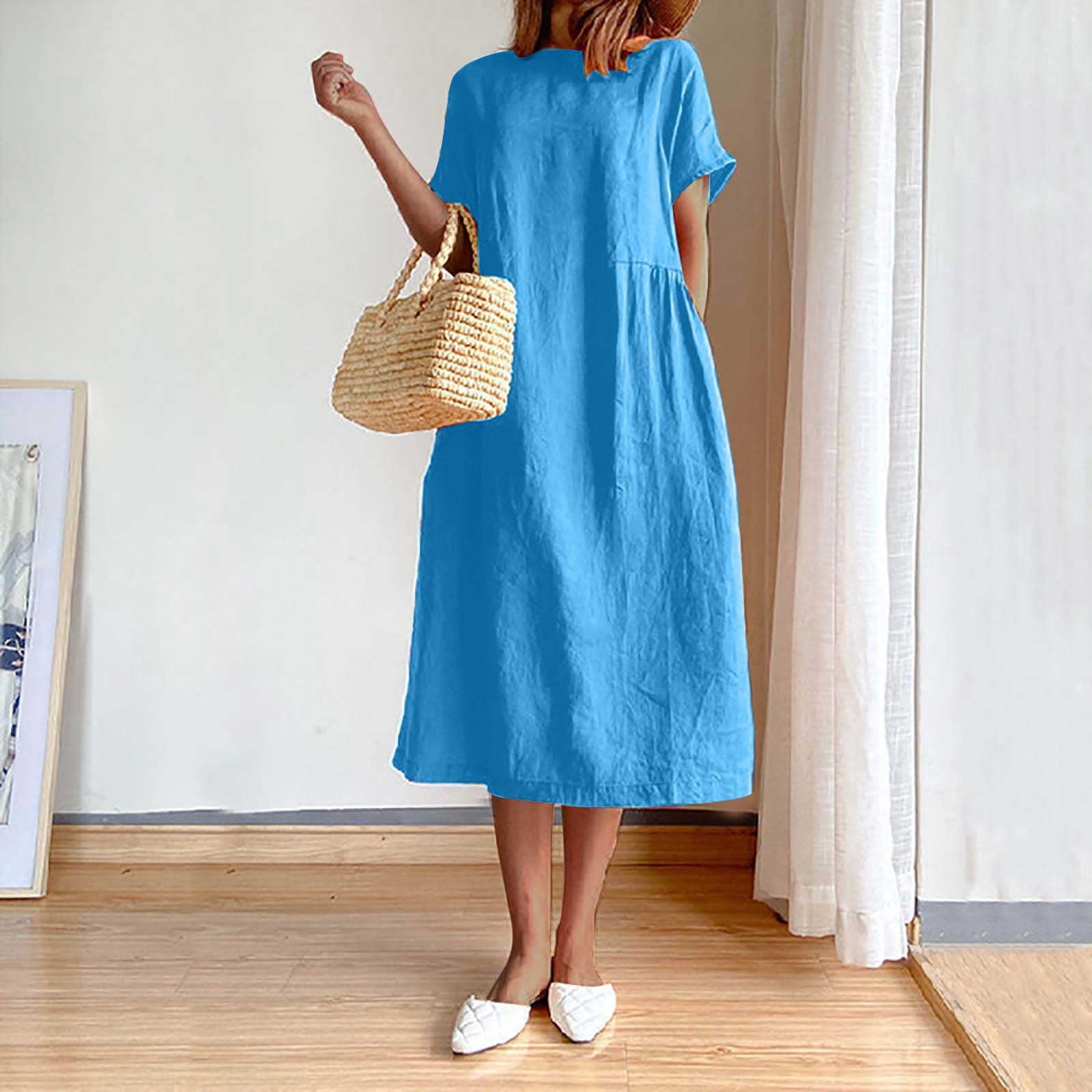 Fnochy Summer Dresses for Women One Piece Solid Color Summer Fashion Round  Neck Short Sleeve Cotton Linen Dress - Walmart.com