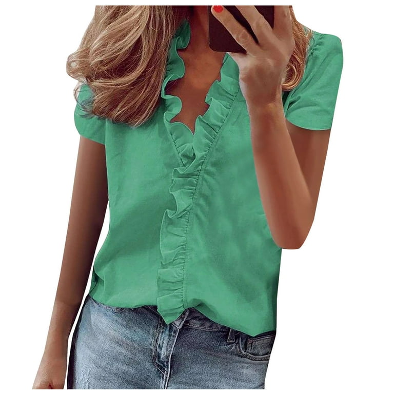Fnochy Summer Women's Tops Solid Color Polyester Casual Ruffle Collar Long  Sleeve Ruffle Shirt Blouse V-Neck Short Sleeve 