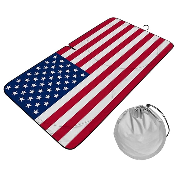 Fnochy USA Flag Windshield Sun Shade Foldable Car Sunshade Premium Heat & UV Protection for Sedan SUV Truck Compact Design with Travel Bag Storage