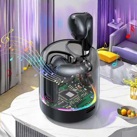 Fnochy Wireless Earbuds Sports, Transparent Mecha Bluetooth 5.3 Headphones, 15H Playtime, 3 Modes, Low Latency, Noise Canceling, Charging for Mobile Phone (Black)