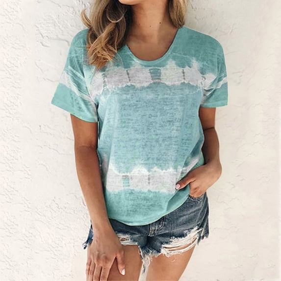 Fnochy Women Shirts Clerance Casual Short Sleeve Fashion Printed Short Sleeve T-shirt Blouse Round Neck Tops