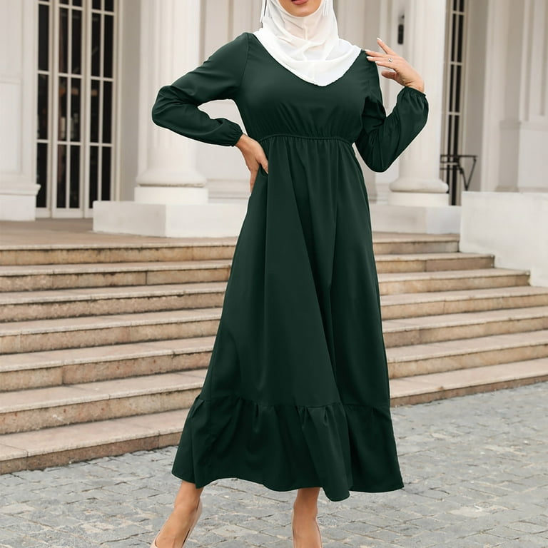 Fnochy Women s Summer Dress Plus Size Dresses For Muslim Zipper Solid Color Long Sleeves Dress